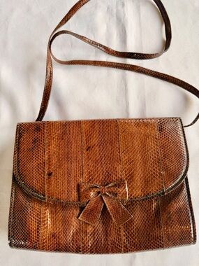 Vintage Caressa Brown Snake Skin Purse with Bow and Leather Interior